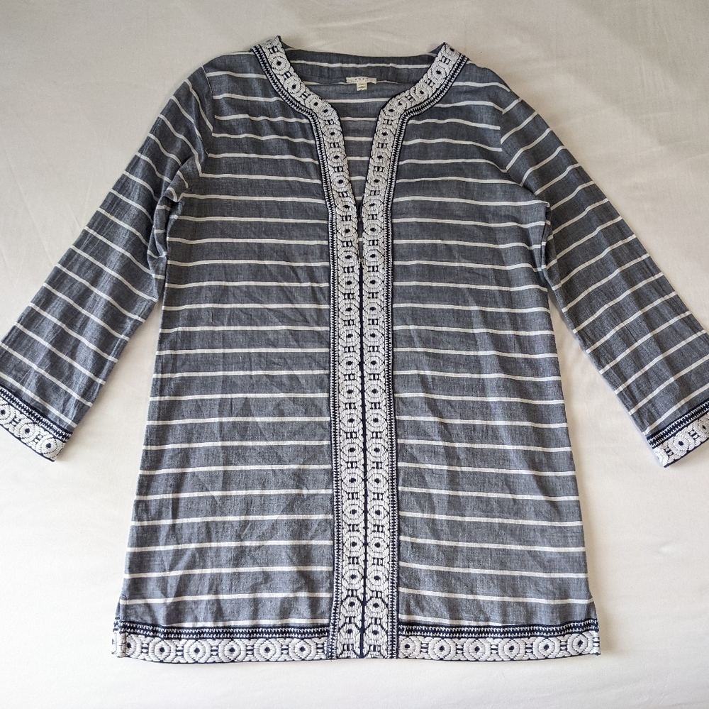 Soft Joie Embroidered Long Sleeve Tunic Top Navy Blue and White Stripes